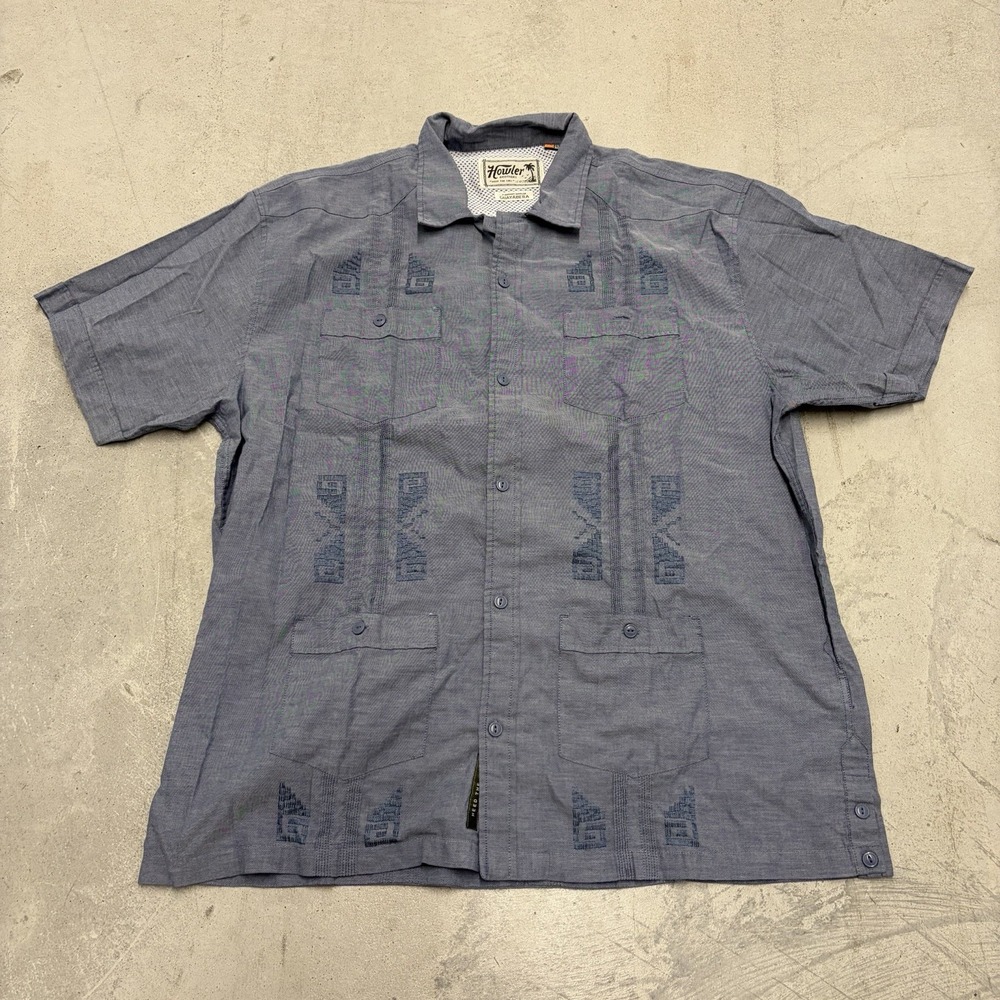 Howler Brothers Guayabera Vented Blue Button Front Shirt Short Sleeve Size XL